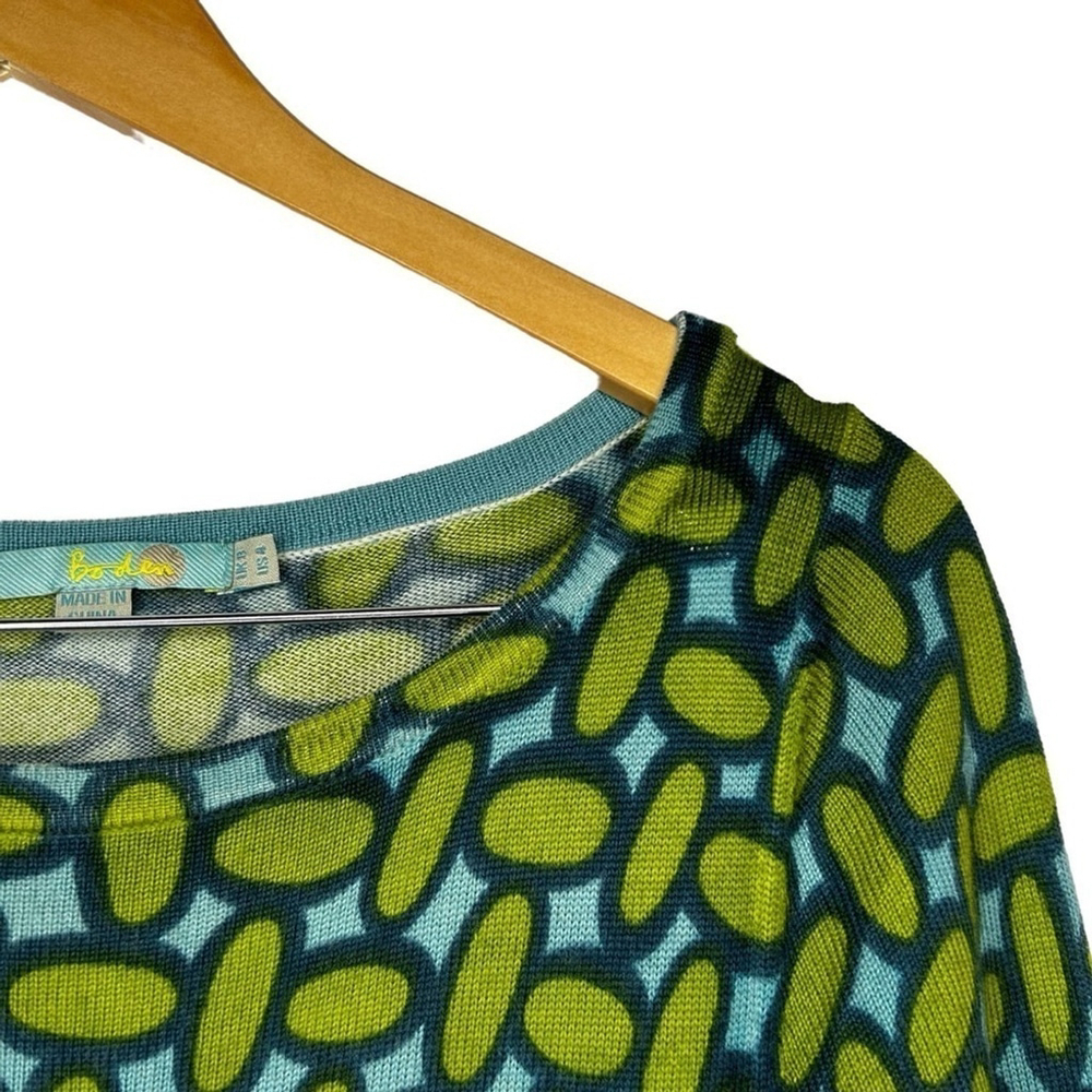 Boden Retro Green Blue Long Sleeve 100% Wool Art Deco Print MIDI Dress Size 4 - Picture 8 of 16